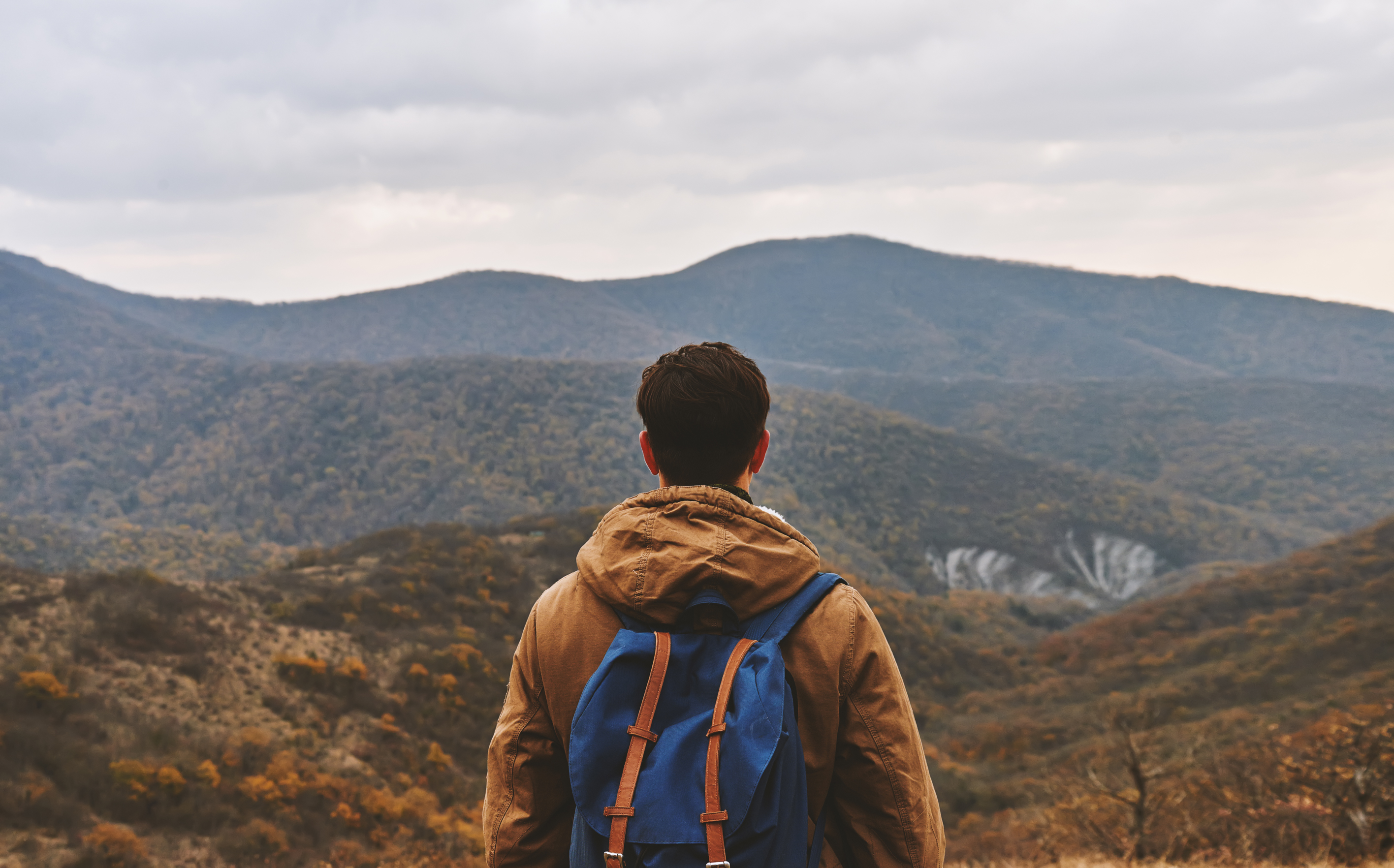 Hiker man with backpack enjoying landscape of autumn mountains, rear view
