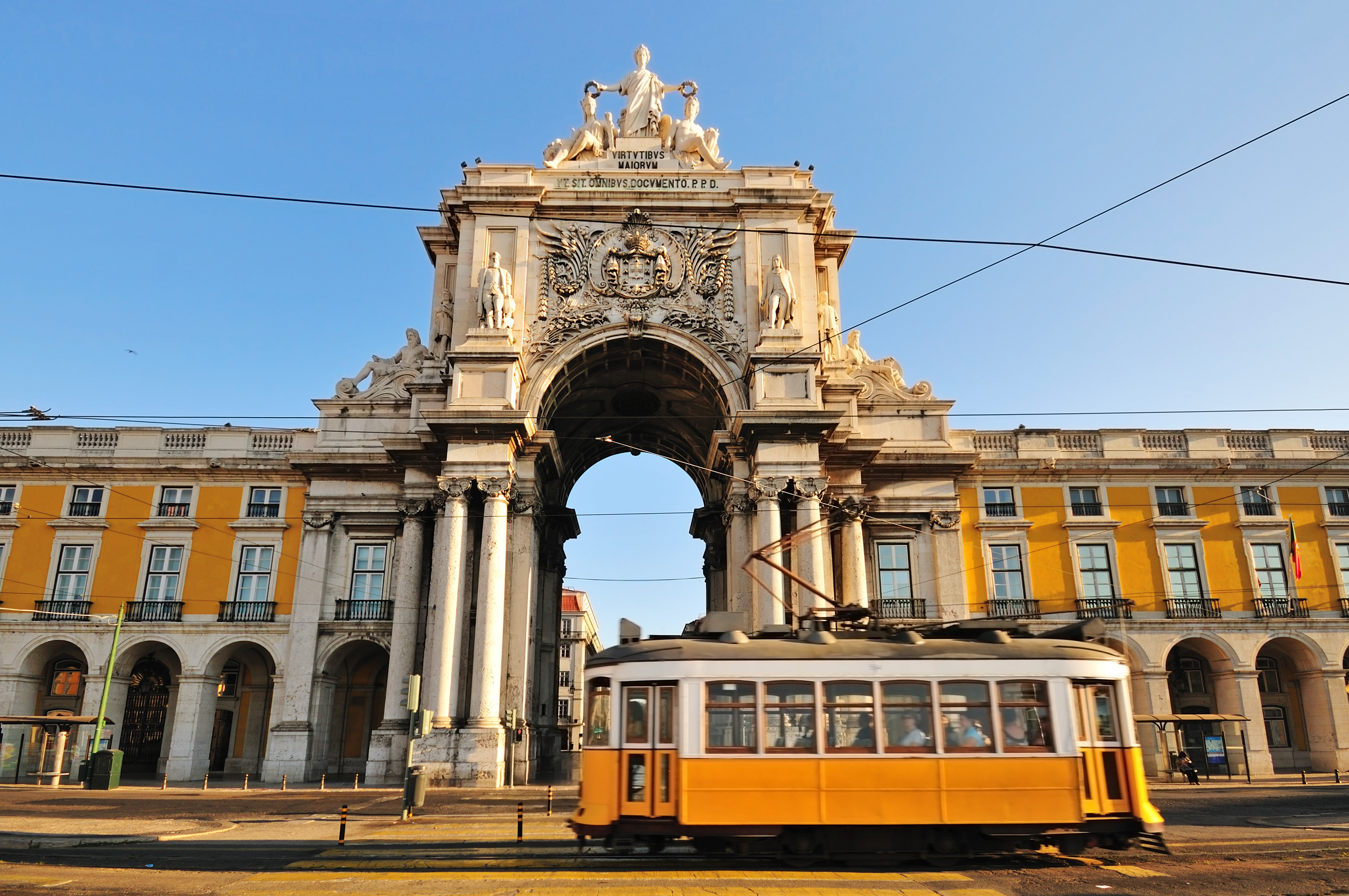 Typical Tram in Commerce Square, Lisbon, Portugal
